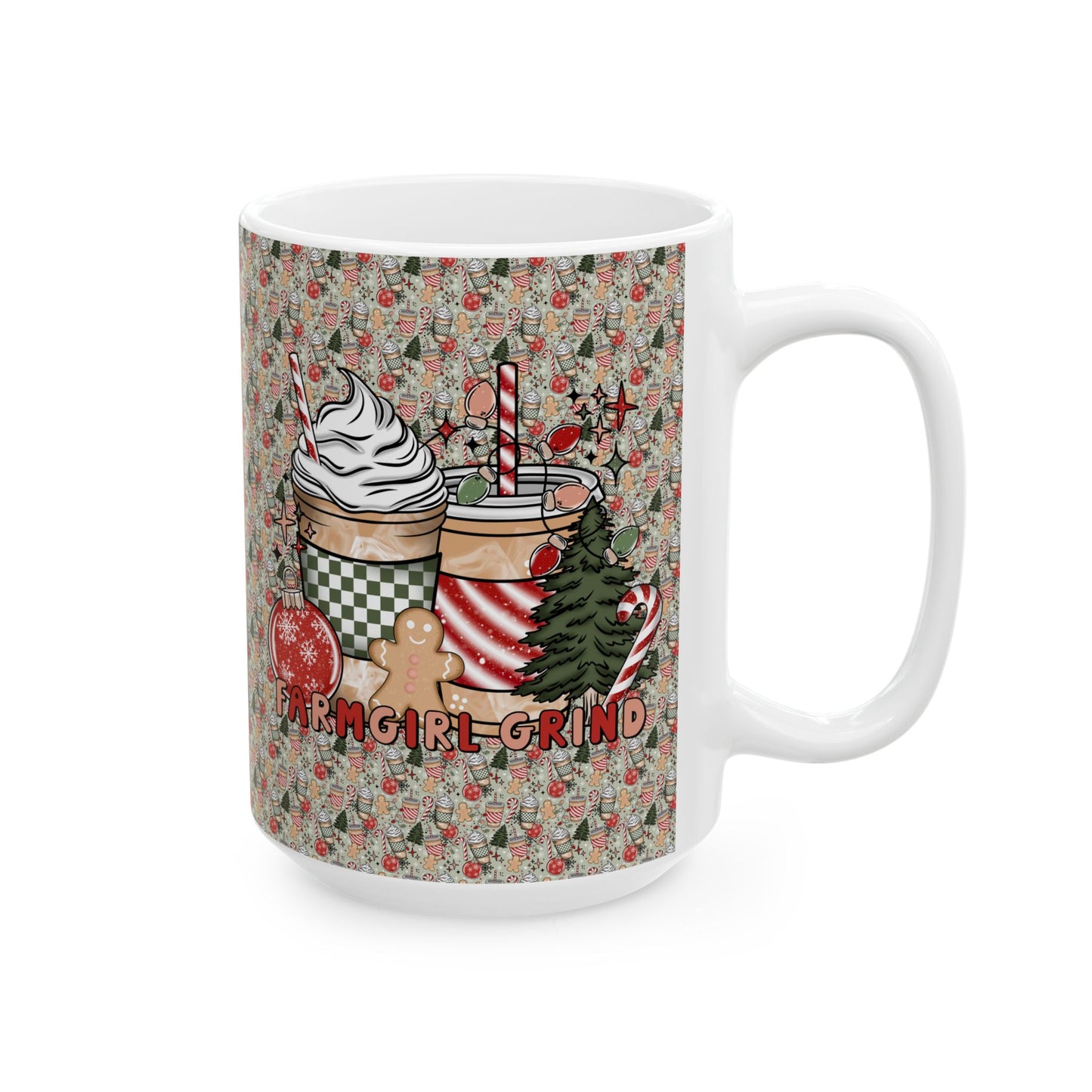 Ceramic Mug - Fun and Festive FARMGIRL Grind Coffee Mug with Christmas Drink Background