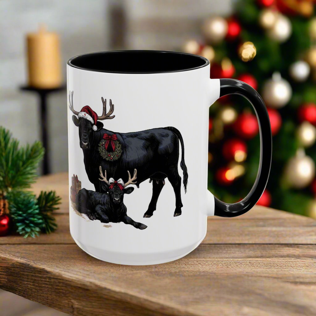 Coffee Mug - Angus Cow and Calf Christmas Holiday Design